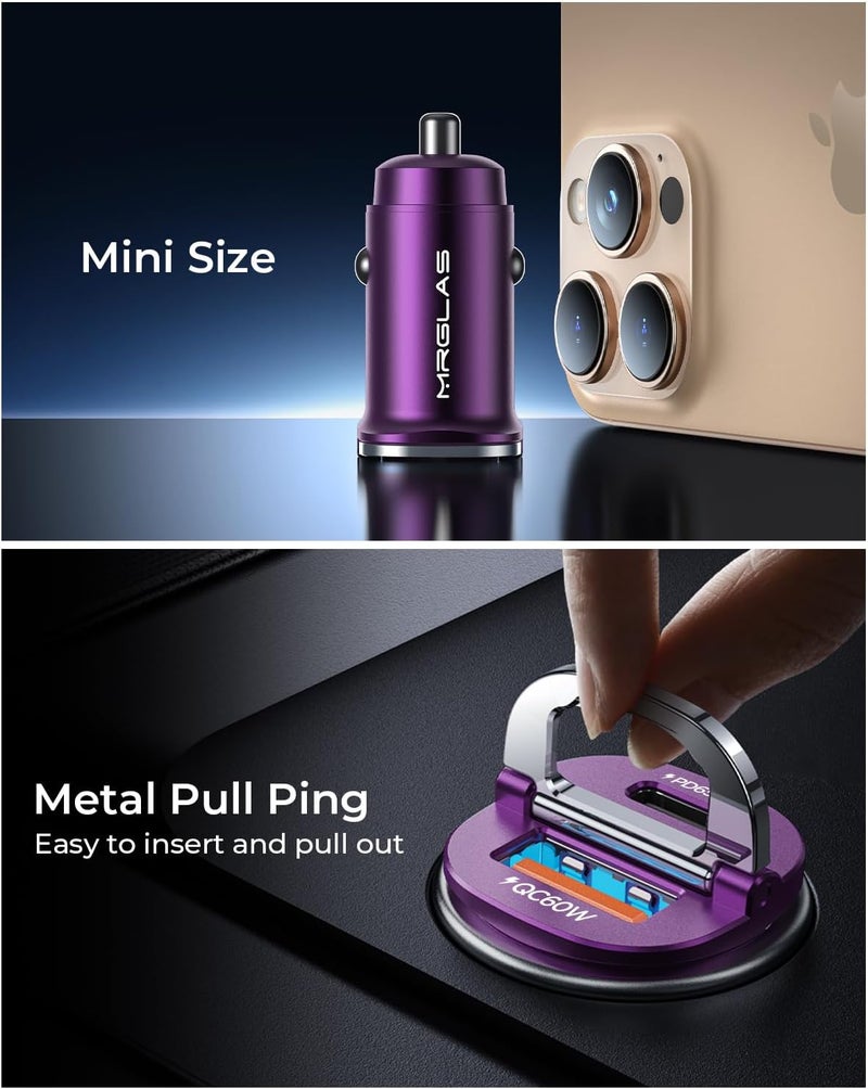 MRGLAS 【Upgraded】 125W USB C Car Charger Super Fast Charging for iPhone 16, [PD65W & QC60W][All Metal] Cigarette Lighter Car Charger,Dual Port for iPhone 16 15 Pro iPad Samsung S25/S24 MacBook-Purple - Image 4